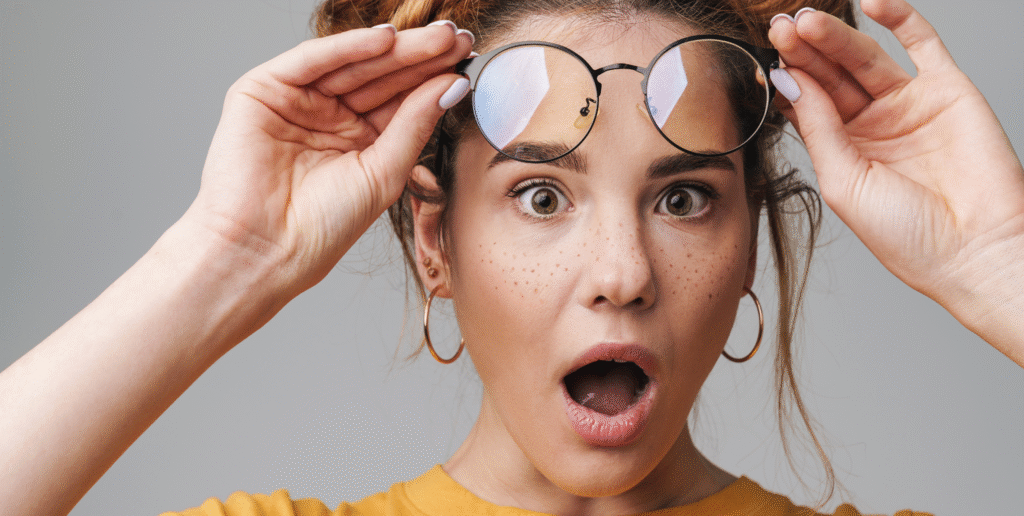 femme surprise soulevant ses lunettes